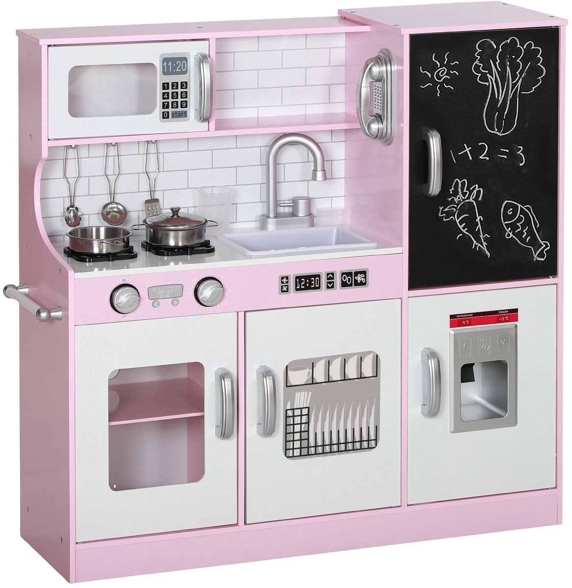 Fytura- Houten Speelkeuken voor Kinderen – Roze – Met Whiteboard, IJsblokjesmachine & Magnetron – Inclusief 5 Kookaccessoires –Speelgoedkeukentje - 83,8x26,8x81 cm