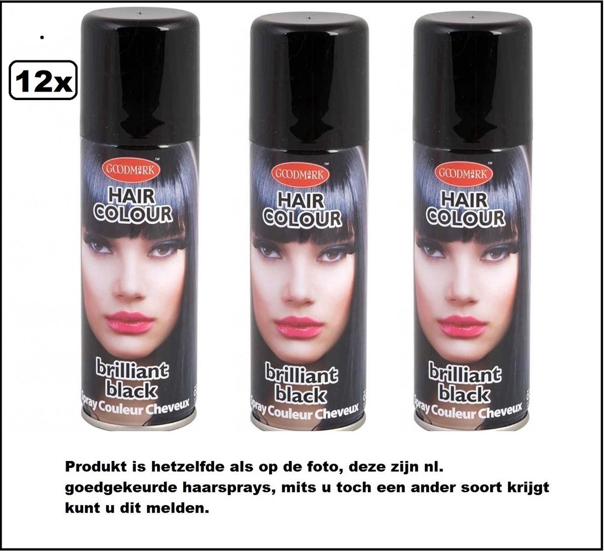 12x Haarverf/haarspray zwart 125 ml - Brilliant black - Festival thema feest carnaval haar kleurspray party