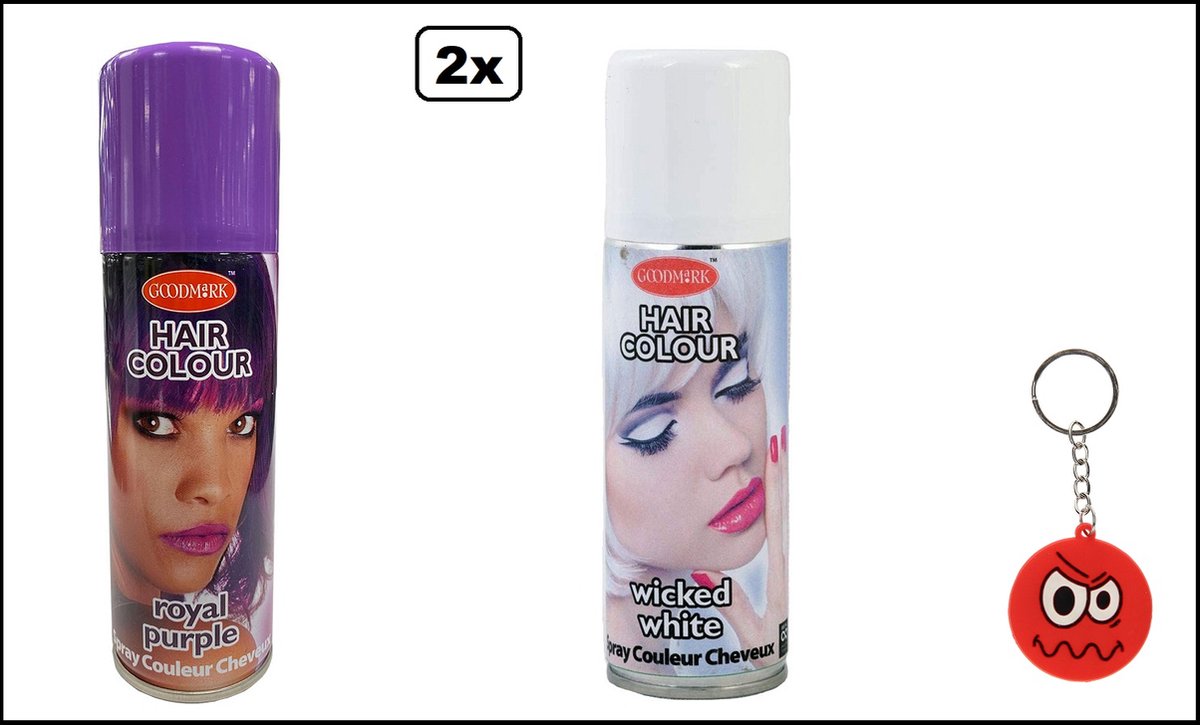 2x Haarverf/haarspray paars en wit 125 ml - Smiley - Festival thema feest carnaval haar kleurspray party