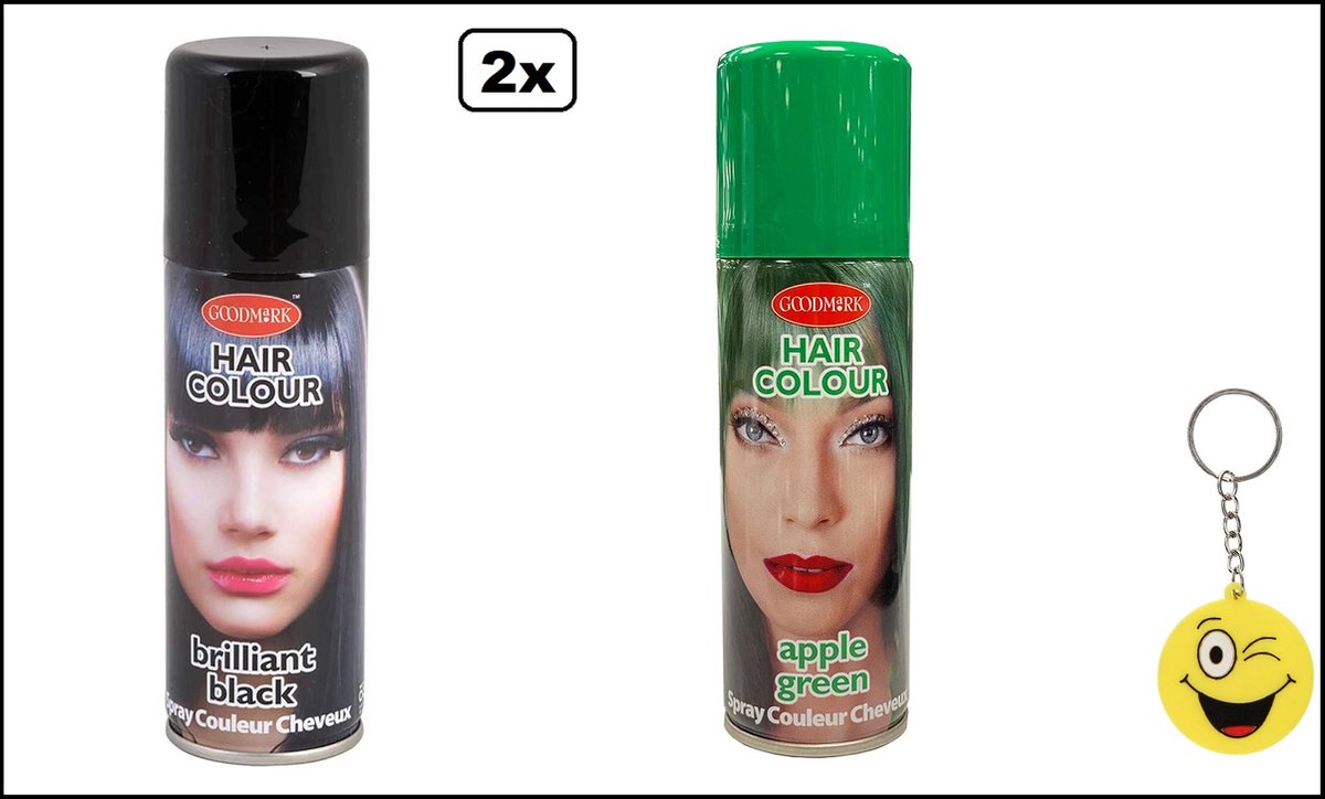 2x Haarverf/haarspray zwart en groen 125 ml - Smiley - Festival thema feest carnaval haar kleurspray party