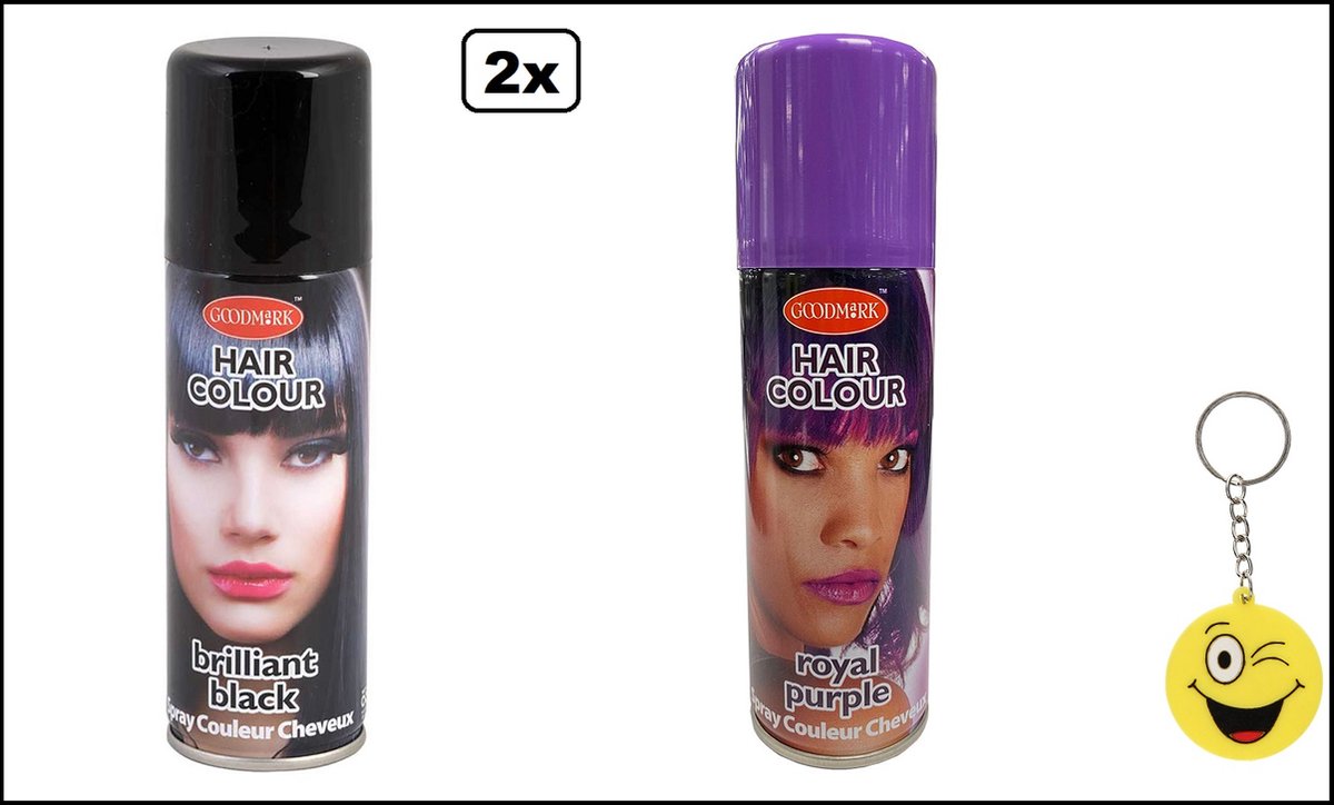 2x Haarverf/haarspray zwart en paars 125 ml - Smiley - Festival thema feest carnaval haar kleurspray party