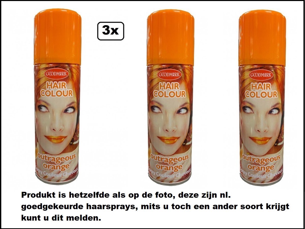 3x Haarverf/haarspray oranje 125 ml - Outrageous Orange - Word bezorgd in doos ivm beschadeging - Festival thema feest carnaval haar kleurspray party Koningsdag
