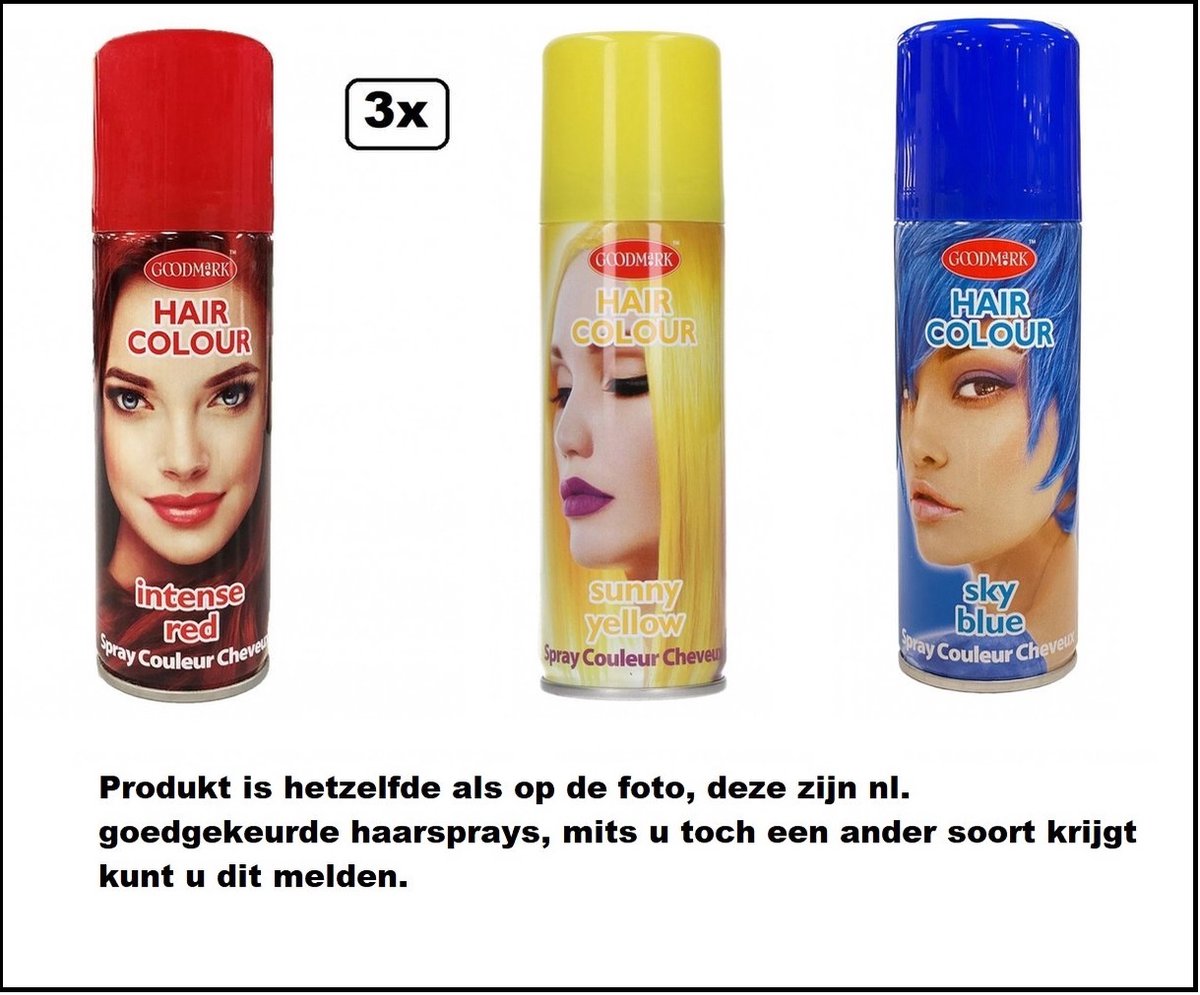 3x Haarverf/haarspray rood/geel/blauw 125 ml - Intense red/ sunny yellow / sky blue - Word bezorgd in doos ivm beschadiging - Festival thema feest carnaval haar kleurspray party