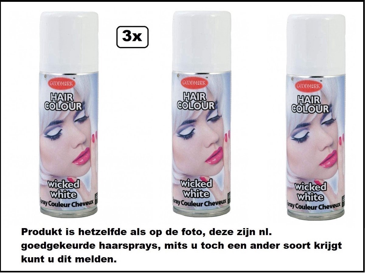 3x Haarverf/haarspray wit 125 ml - Wicked white - Word bezorgd in doos ivm beschadeging - Festival thema feest carnaval haar kleurspray party