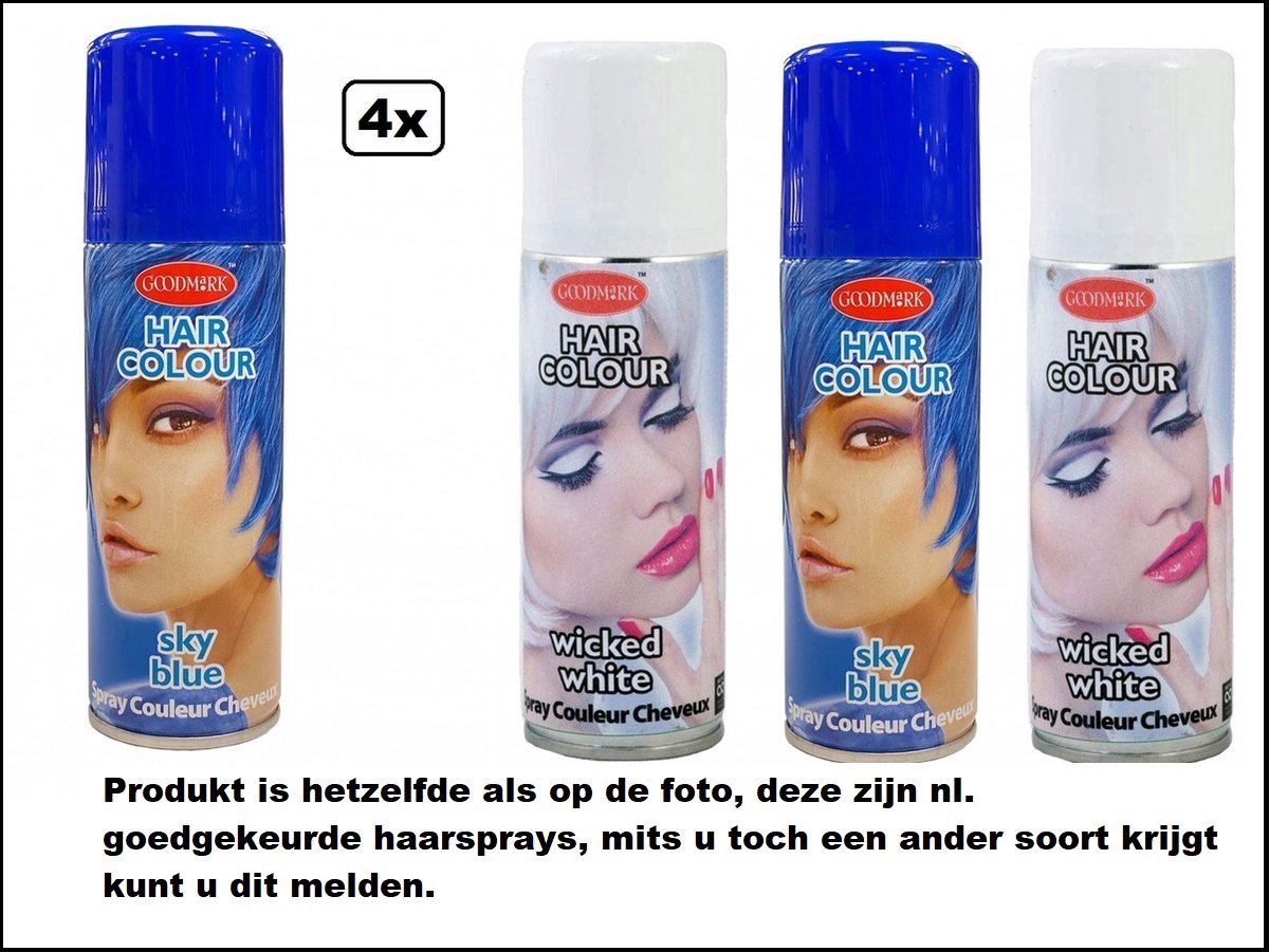 4x Haarspray blauw en wit 125 ml - Sky blue and Wicked white - Word bezorgd in doos ivm beschadeging - Carnaval Festival thema feest carnaval haar kleurspray party