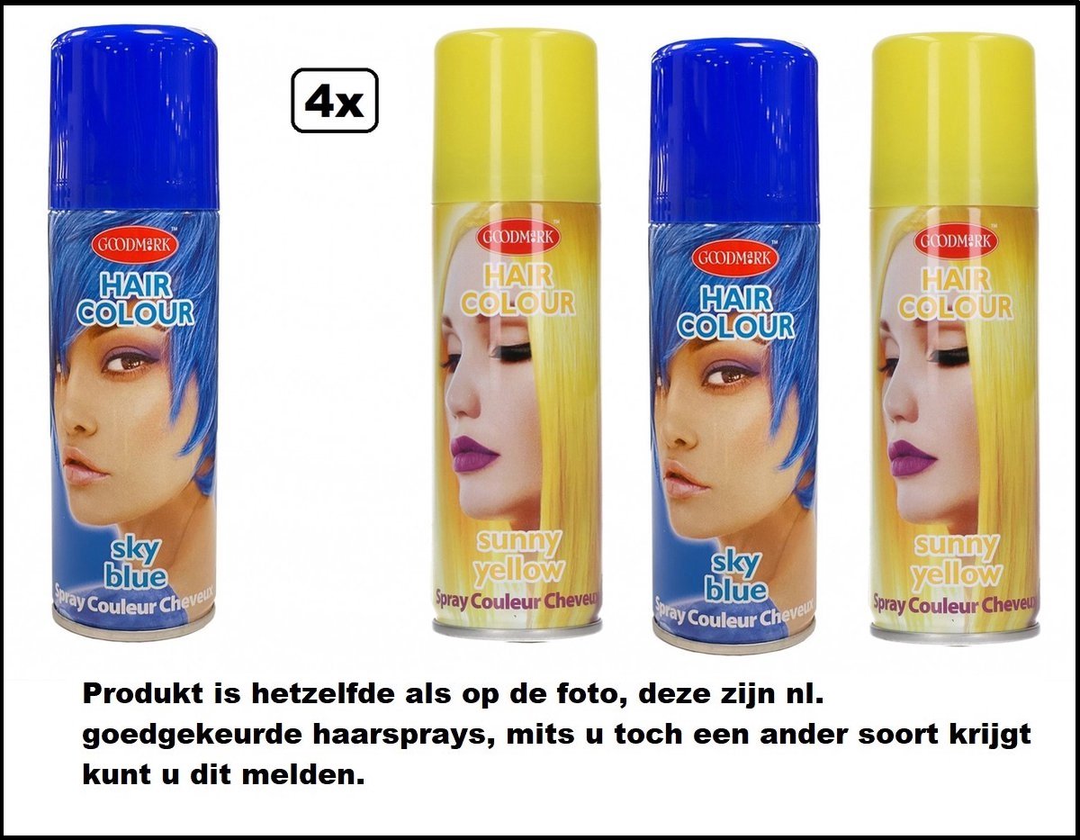 4x Haarverf/haarspray blauw en geel 125 ml - Sky blue/ sunny yellow - Word bezorgd in doos ivm beschadiging - Festival thema feest carnaval haar kleurspray party