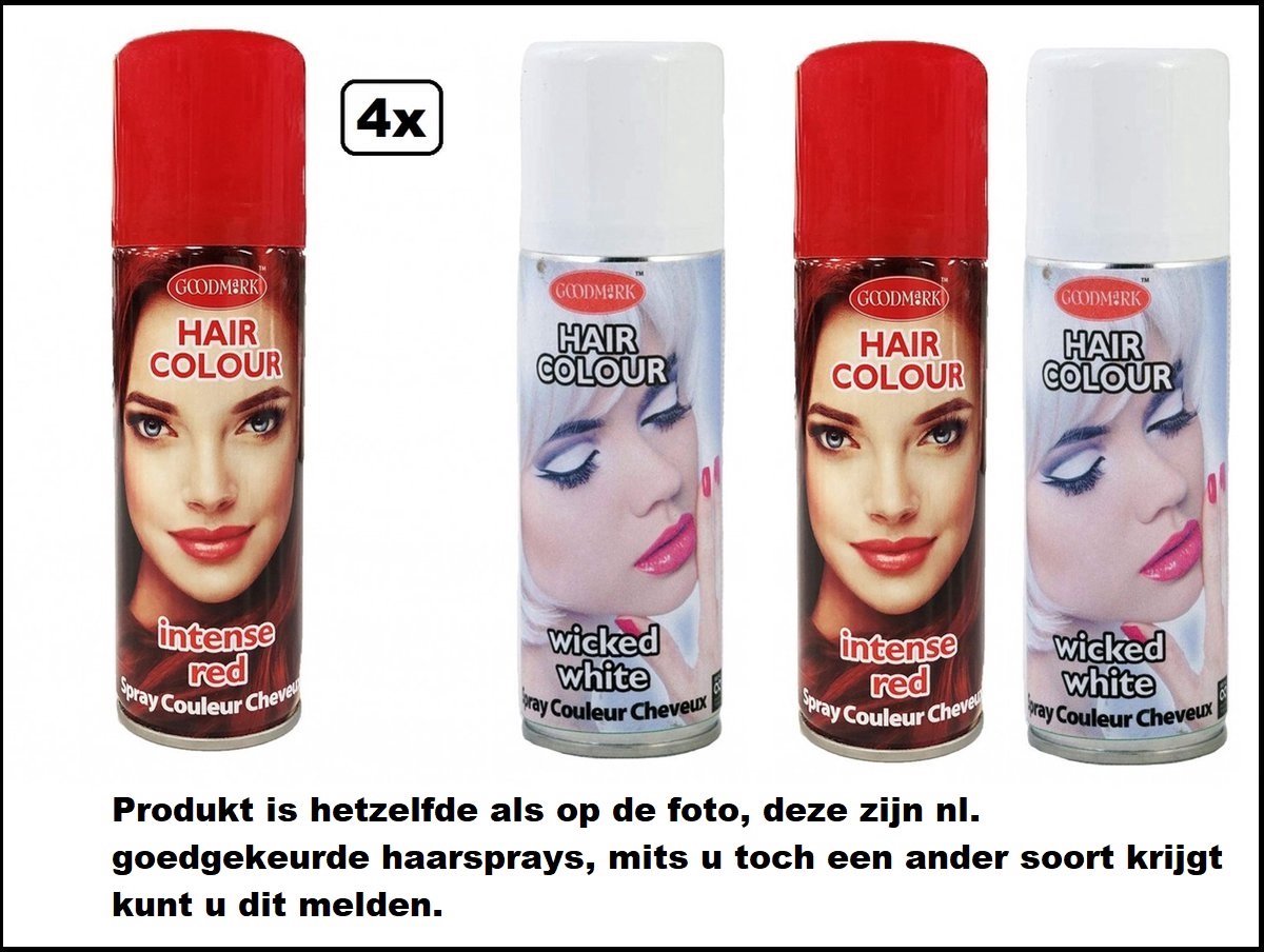 4x Haarverf/haarspray rood en wit 125 ml - Intense red en wicked white - Word bezorgd in doos ivm beschadiging - Festival thema feest carnaval haar kleurspray party