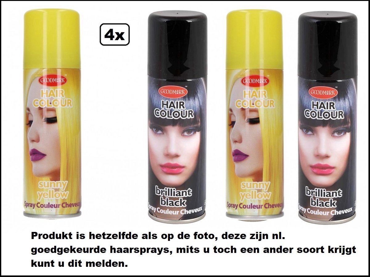4x Haarverf/haarspray zwart en geel 125 ml - Brilliant black en sunny yellow - Word bezorgd in doos ivm beschadiging - Festival thema feest carnaval haar kleurspray party