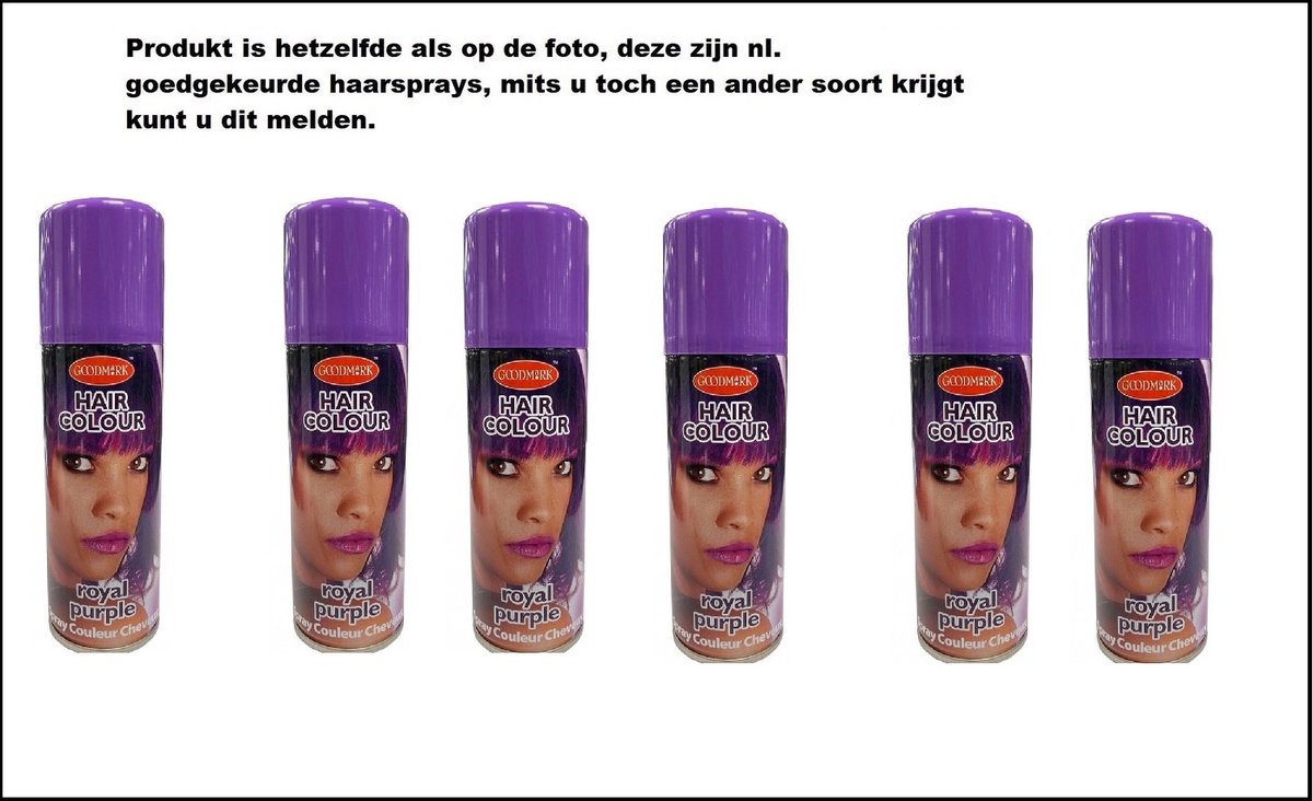 6x Haarverf/haarspray paars 125 ml - Royal Purple- Word bezorgd in doos ivm beschadiging - Festival thema feest carnaval haar kleurspray party
