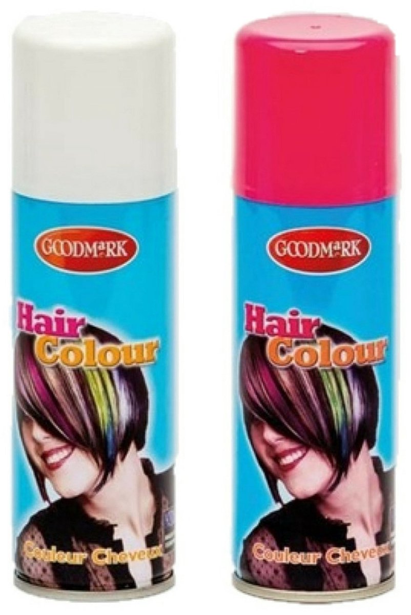 Goodmark Carnaval verkleed haarverf - haarspray - kleuren wit en roze - 125 ml per flacon - verven
