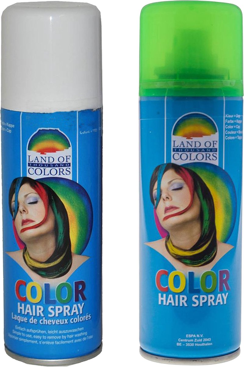 Goodmark haarverf/haarspray set van 2x flacons van 120 ml - Wit en Groen - Carnaval verkleed spullen - Haar kleuren