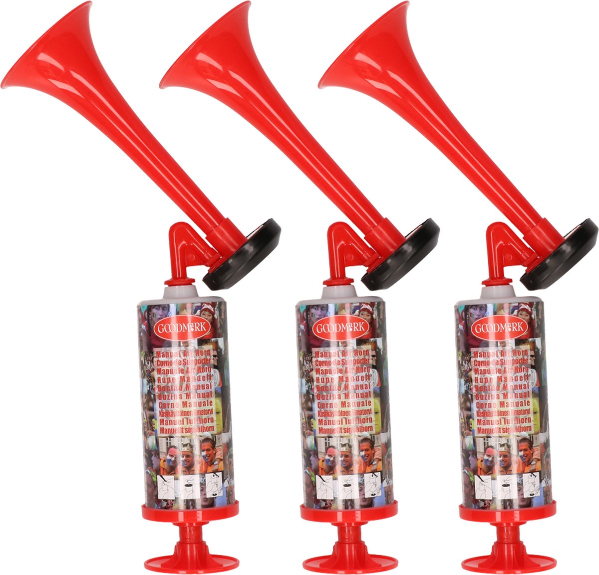 Station toeter - 3x - rood - hand/lucht pomp - luchthoorn - voetbal supporter