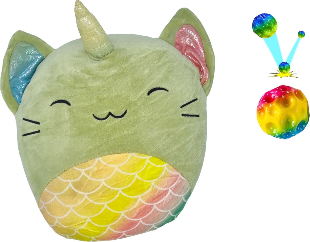 Happy Shop Store Kawaii - Squishy - knuffel inclusief moonball stuiter moon bal - Kat/Poes rainbow - Nieuw Nasa Bal - Squish Knuffel Knuffels - 19 cm tot 23 cm - Moonball nieuw 2024 rainbow kleur met led
