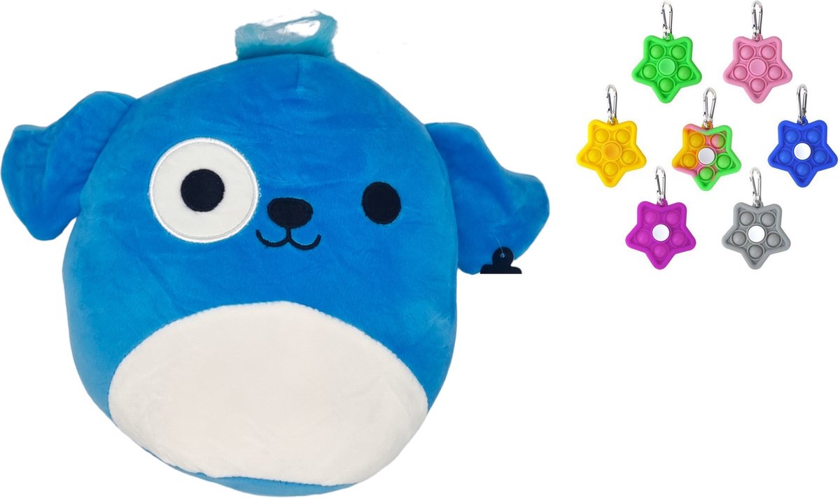 Happy shop Store - Squish Kussen Knuffel Hond Blauw - Squishy Mallow Super Soft + Fidget Spinner Pop it Ster - duo voordeel - cadeau gift set - Premium Quality - Fidget 2024 en Knuffel Kawaii In 1 set