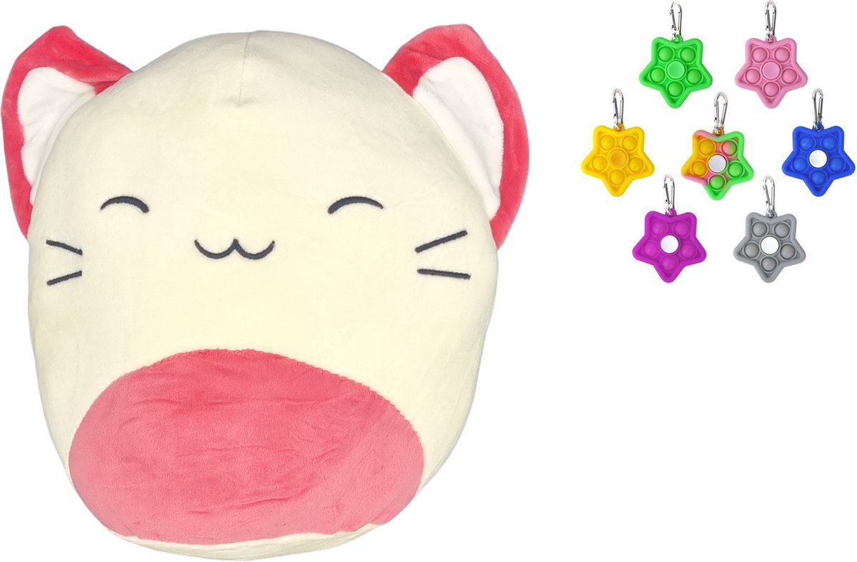 Happy shop Store - Squish Kussen Knuffel Kat-Poes Roze/Wit - Super Soft + Fidget Spinner Pop it Ster - duo voordeel - cadeau gift set - Premium Quality - Fidget 2024 en Knuffel Kawaii In 1 set