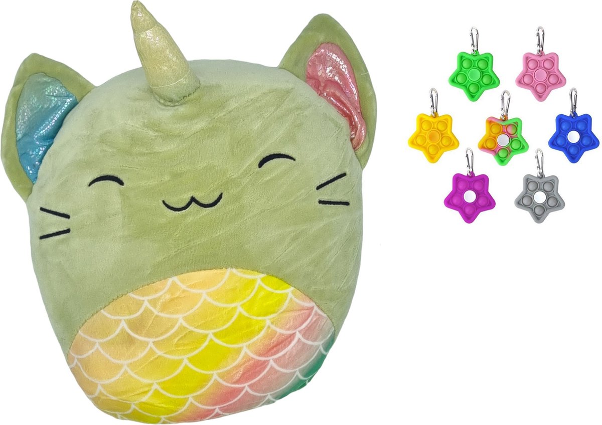 Happy shop Store - Squish Kussen Knuffel Poes/Kat Rainbow Groen Unicorn - Squishy Super Soft + Fidget Spinner Pop it Ster - duo voordeel - cadeau gift set - Premium Quality - Fidget 2024 en Knuffel Kawaii In 1 set