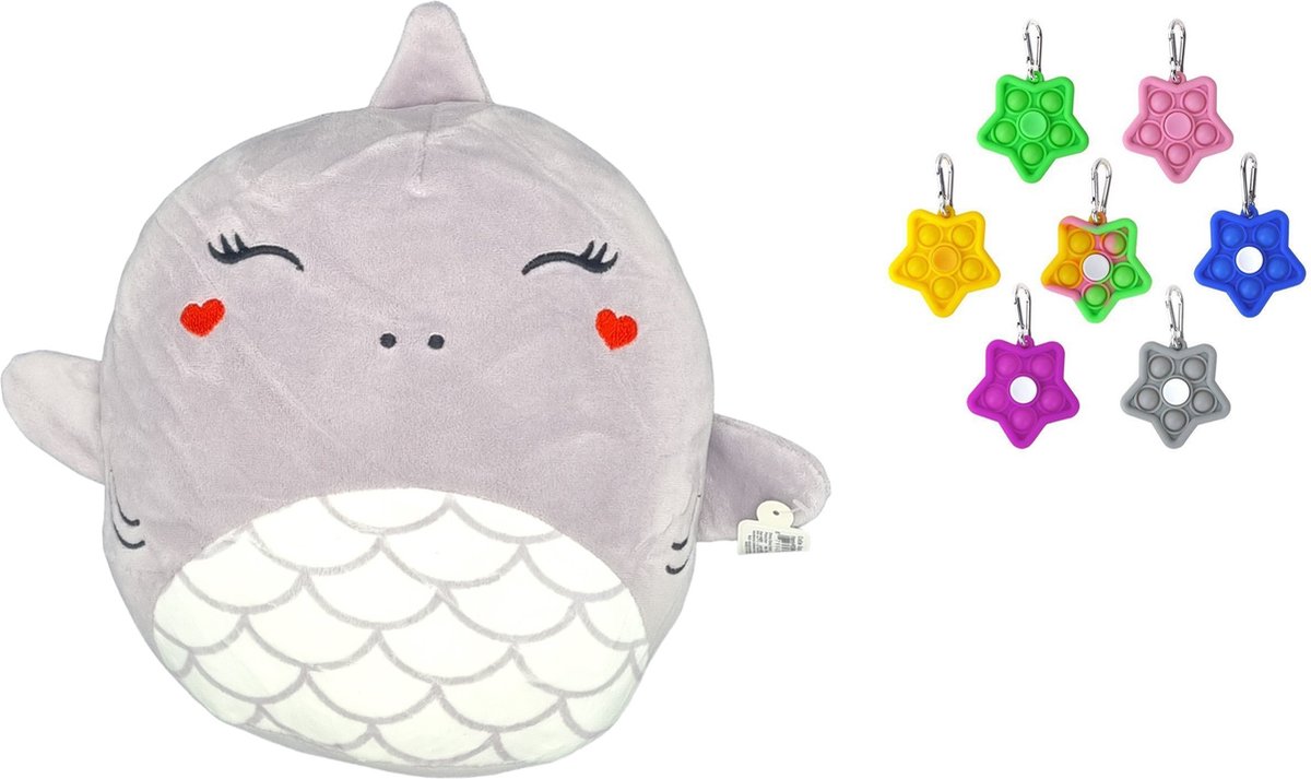 Happy shop Store - Squish Kussen Knuffel Vis/Walvis Paars visgraat - Super Soft + Fidget Spinner Pop it Ster - duo voordeel - cadeau gift set - Premium Quality - Fidget 2024 en Knuffel Kawaii In 1 set