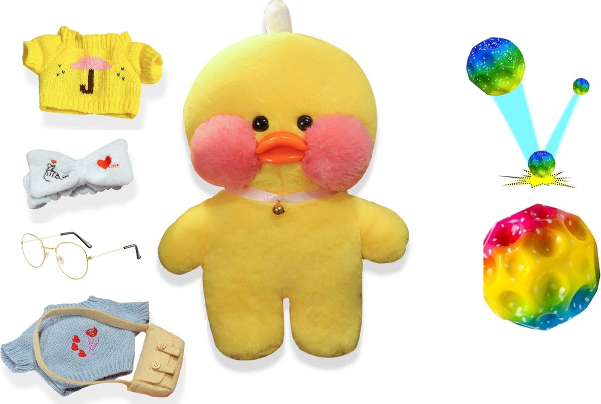 Lalafanfan Duck - Paperduck - Cafe Mimi - Paperduck Kleur Geel inclusief accessoires - bril - tasje - truitje - Hoofdband - Premium Quality - Inclusief Moon Ball fidget 2024 nieuw Nasa Moon ball met led verlichting