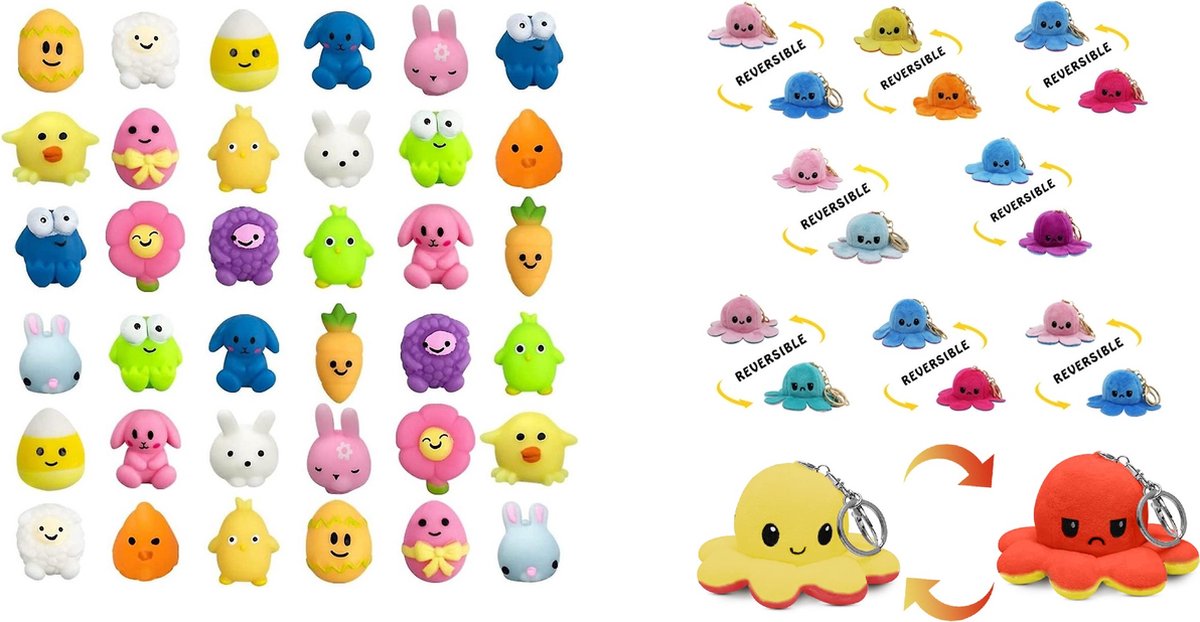 Mochi squishy - Fidget toys - Soft animal - Mochies - Antistress - Siliconen - multicolor - 12 x Mochi + 2 x Mood Octopus Plushe knuffels sleutelhangers - Gift Pakket - FeestCadeau Antistress toys keychains - Kantoor Onderweg Thuis -
