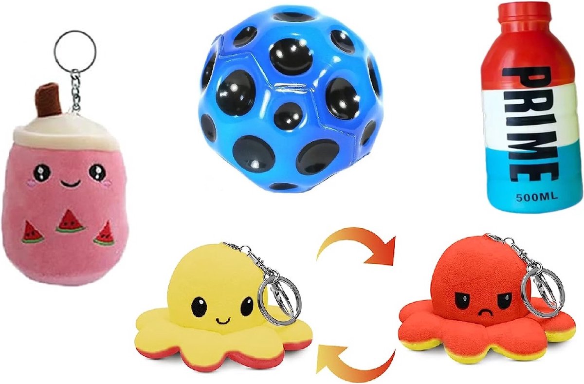 Happy Trendz® 4 Stuks totaal geleverd Top Antri Stress Fidget - 1 Nasa MoonBall - 1 Prime Squishy Fles - 1 Mood Octopus Keychain - 1 Bubble Tea Keychain - Leuk Cadeau als ook voor jezelf.