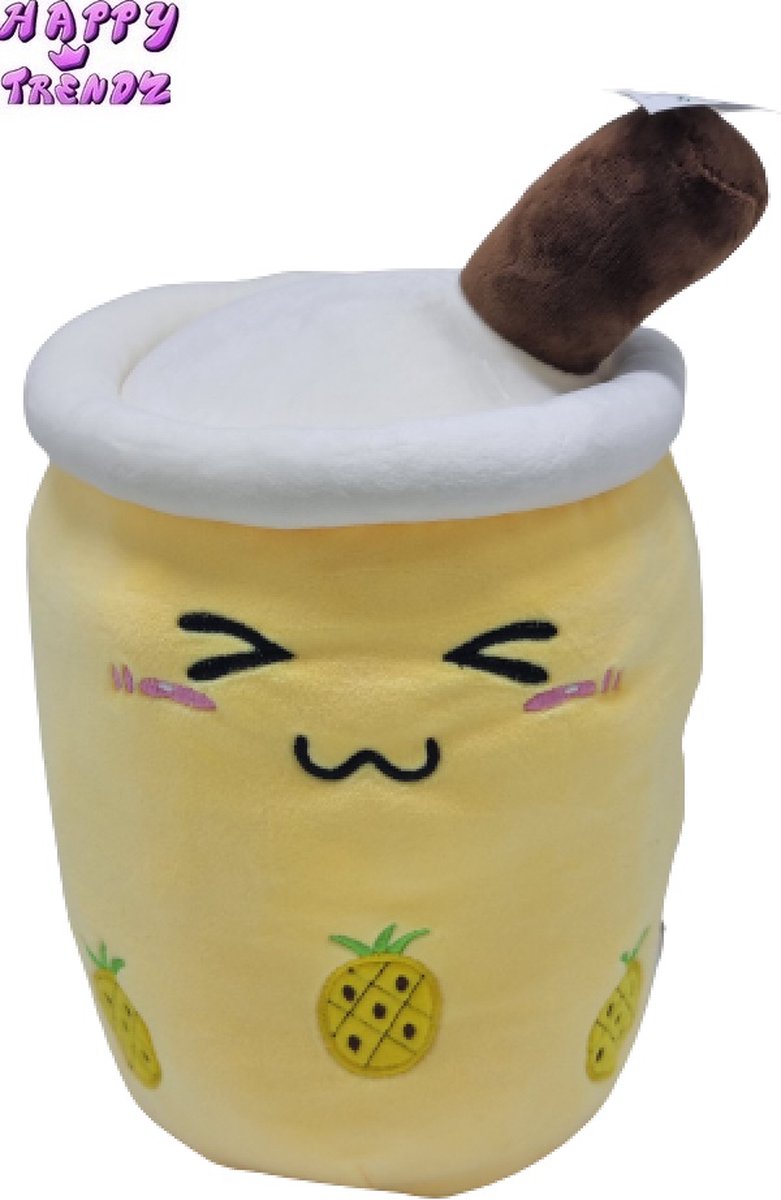 Happy Trendz® Bubble Tea Kussen - Knuffel - Bubble Tea Knuffel - Bubble Tea - Boba - Smile Closed Eyes - 35cm - Geel