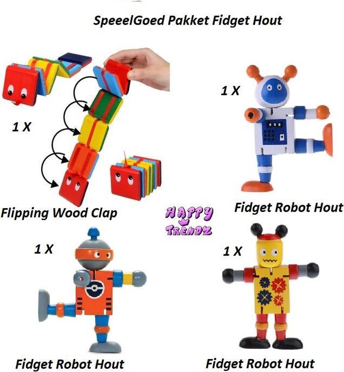 Happy Trendz® Fidget Hout Pakket / Set met 4 verschillende Houten Speelgoed / 1 x Fidget Wood Claps + 3 x Fidget Wood Robot / motoriek - tiktok - Ontwikkeling - Houten Speelgoed -