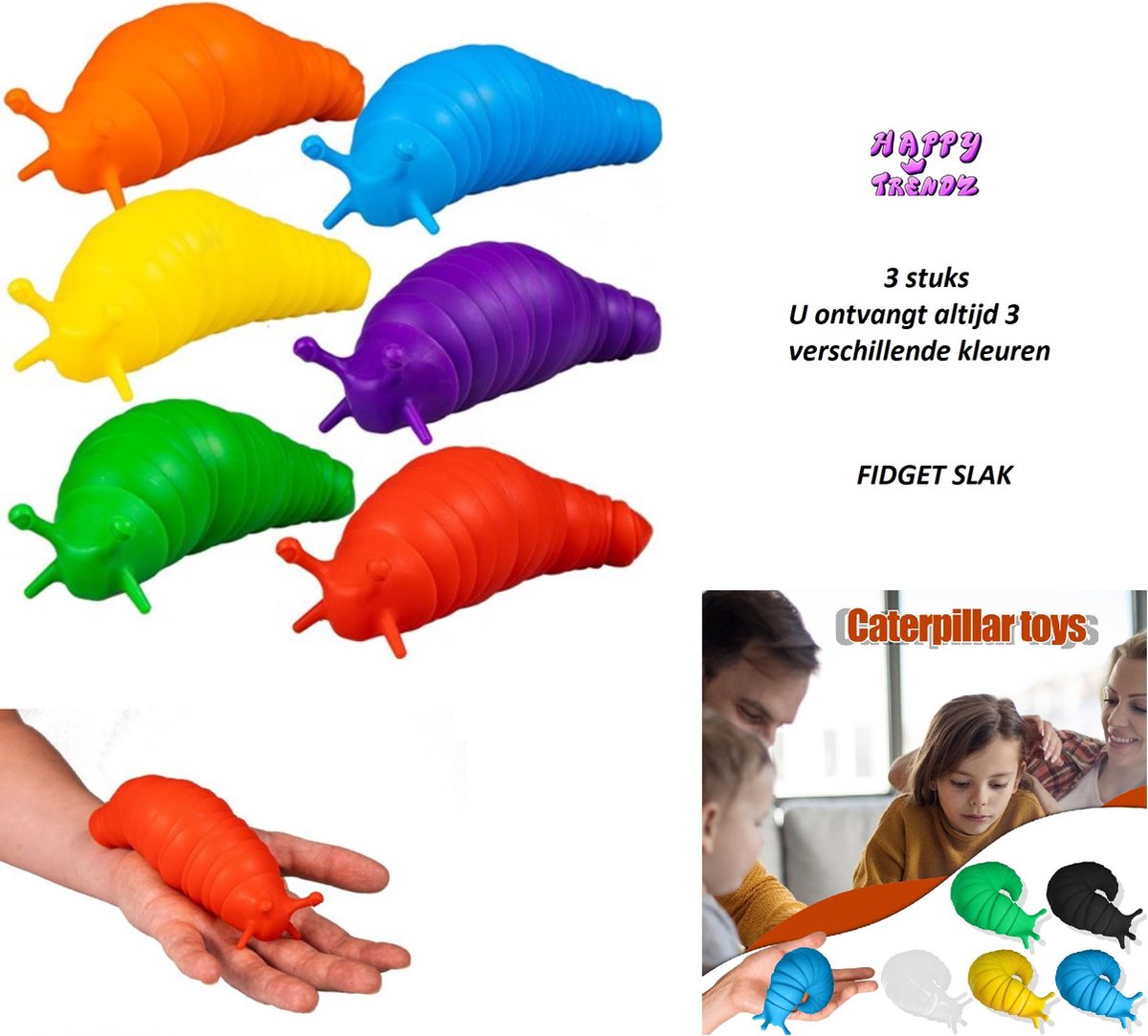Happy Trendz® Fidget Slak - Magic Slug Snail 20 CM - TIKTOK HYPE - Set van 3 stuks ELK 20 CM GROOT - UNI KLEUREN - altijd 3 VERSCHILLENDE -