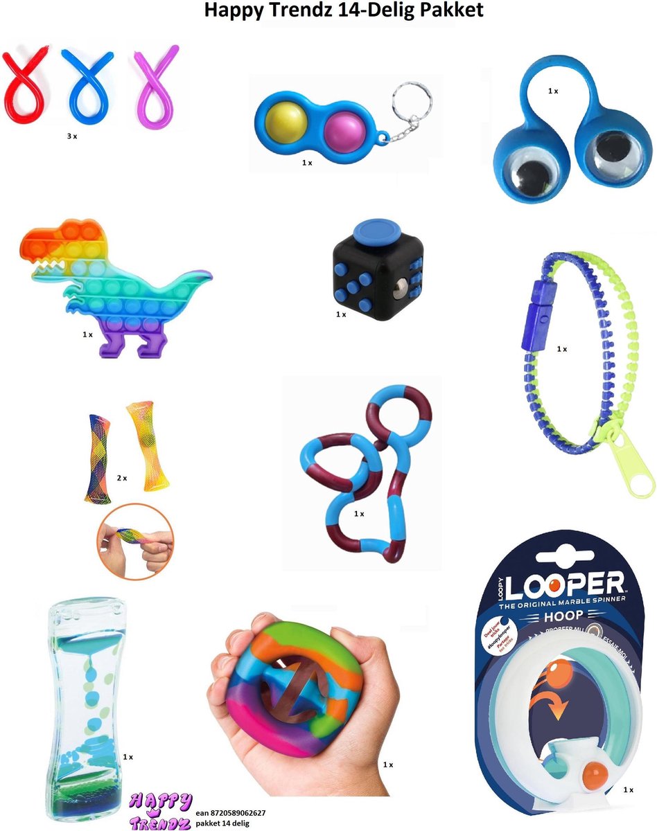 Happy Trendz® Fidget Toys Pakket - Set met 14 verschillende top  Fidget Toys: Fidget Cube , Dino Pop It , Snapperz , Simple Dimple , Loopy Looper , Monkey Noodles, Mesh Marble , Rits Zipper , Vloeibare zandloper , Lava zandloper
