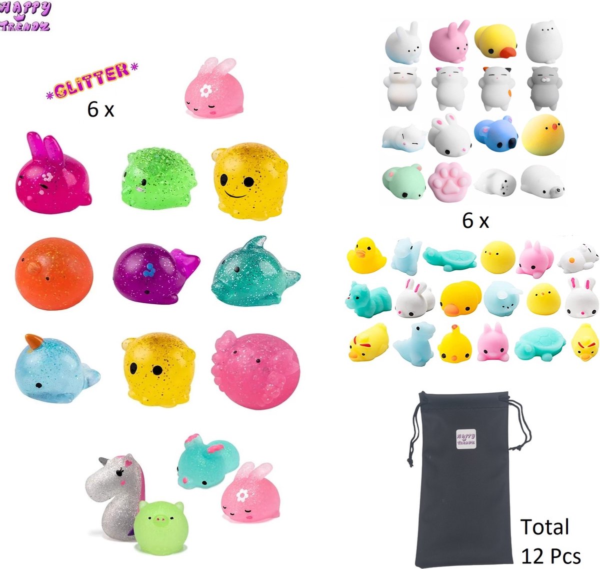 Happy Trendz® Mochi squishy 12 Stuks in opbergzakje - Fidget toys - Soft animal - Mochies Glitter 6 x - Mochies 6 x - Antistress - Siliconen - multicolor - 12 stuks met opbergzakje -
