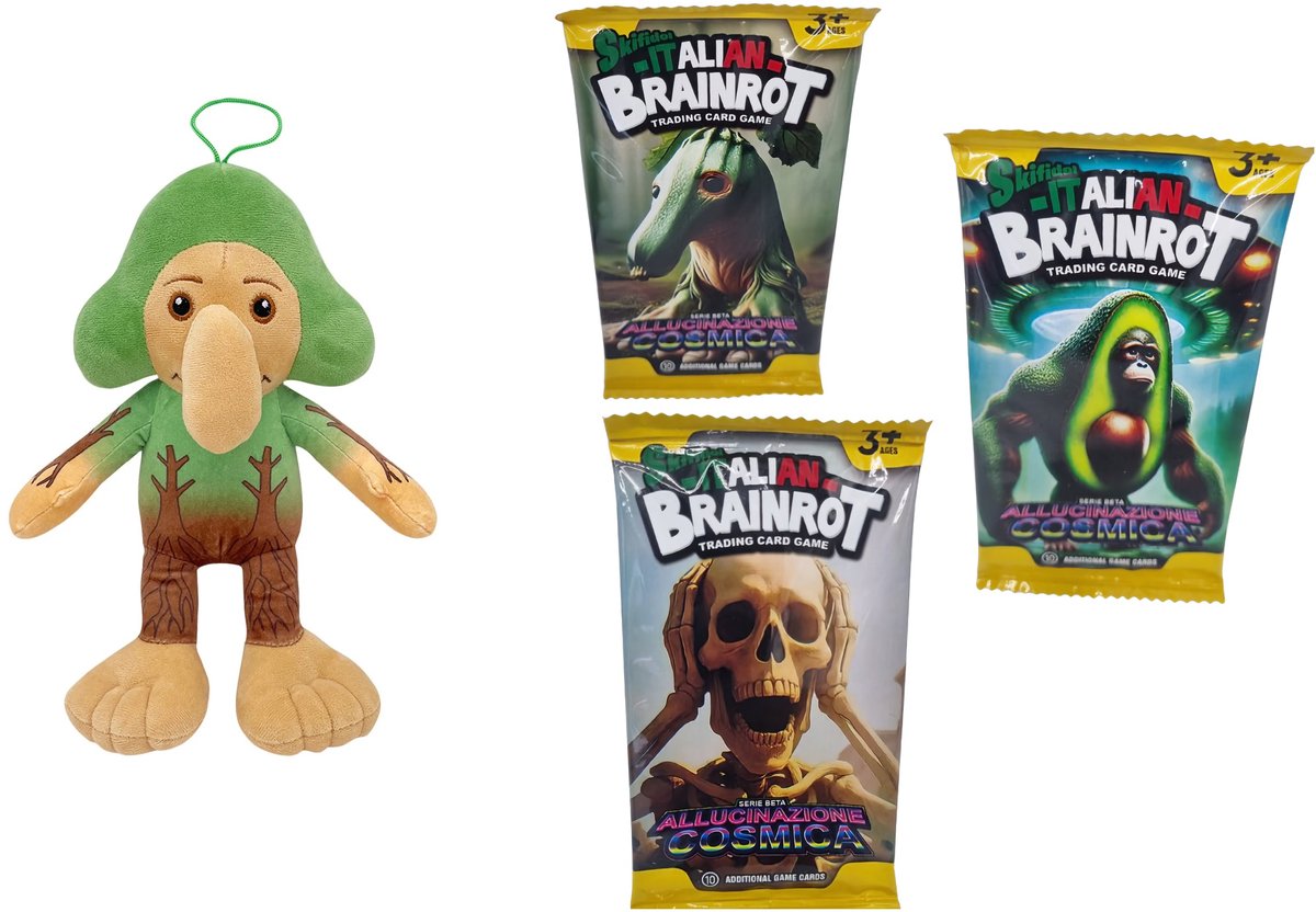 Happy Trendz® Nieuw 2025 Model Italian Brainrot Knuffel Plushe Model met Speelkaarten 3 x 10 Stuks - Spaar ze allemaal - Meme