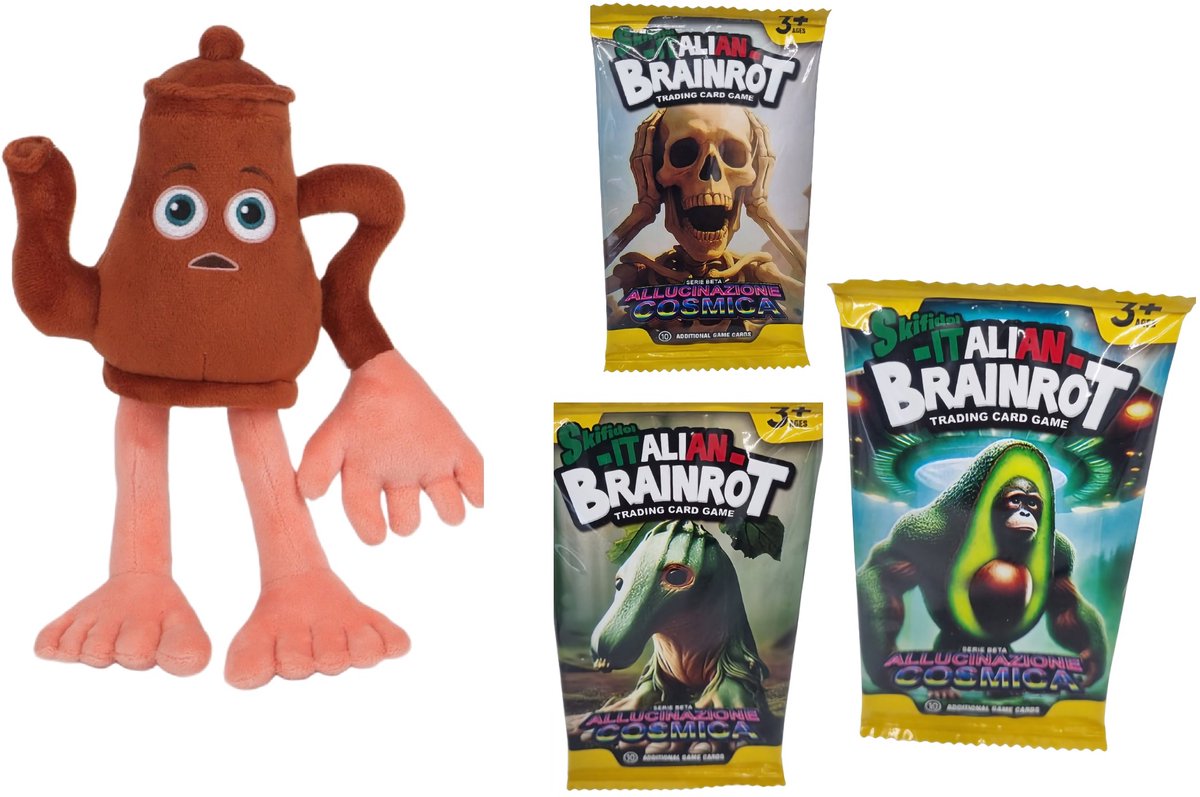 Happy Trendz® Nieuw 2025 Model Italian Brainrot Ta Ta Ta Sahur Knuffel Plushe Model met Speelkaarten 3 x 10 Stuks - Spaar ze allemaal - Meme