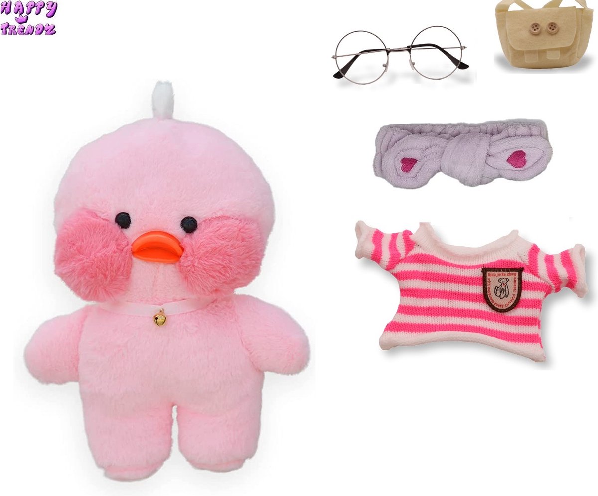 Happy Trendz® Paper Duck - Cute Eend - Cafe Mimi - Paperduck Duck Knuffel - Schattig Eend - LalaFan - Roze - 30cm - Premium Quality - Kleding - Bril - Tas