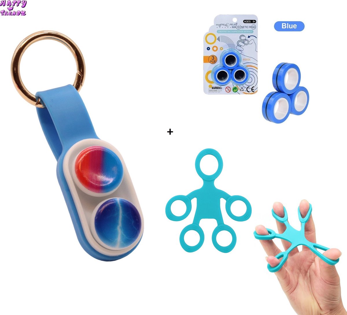 Happy Trendz® Set of 3 - Magnetisch duimspeeltje - Trick magneet Duimspelen Blauw - Magneet Ring magnetic Ring Blauw - TikTok Fingerstretch Blauw - Cadeau Gift Pakket - Hype - 2023 - 3 in 1 pakket blue