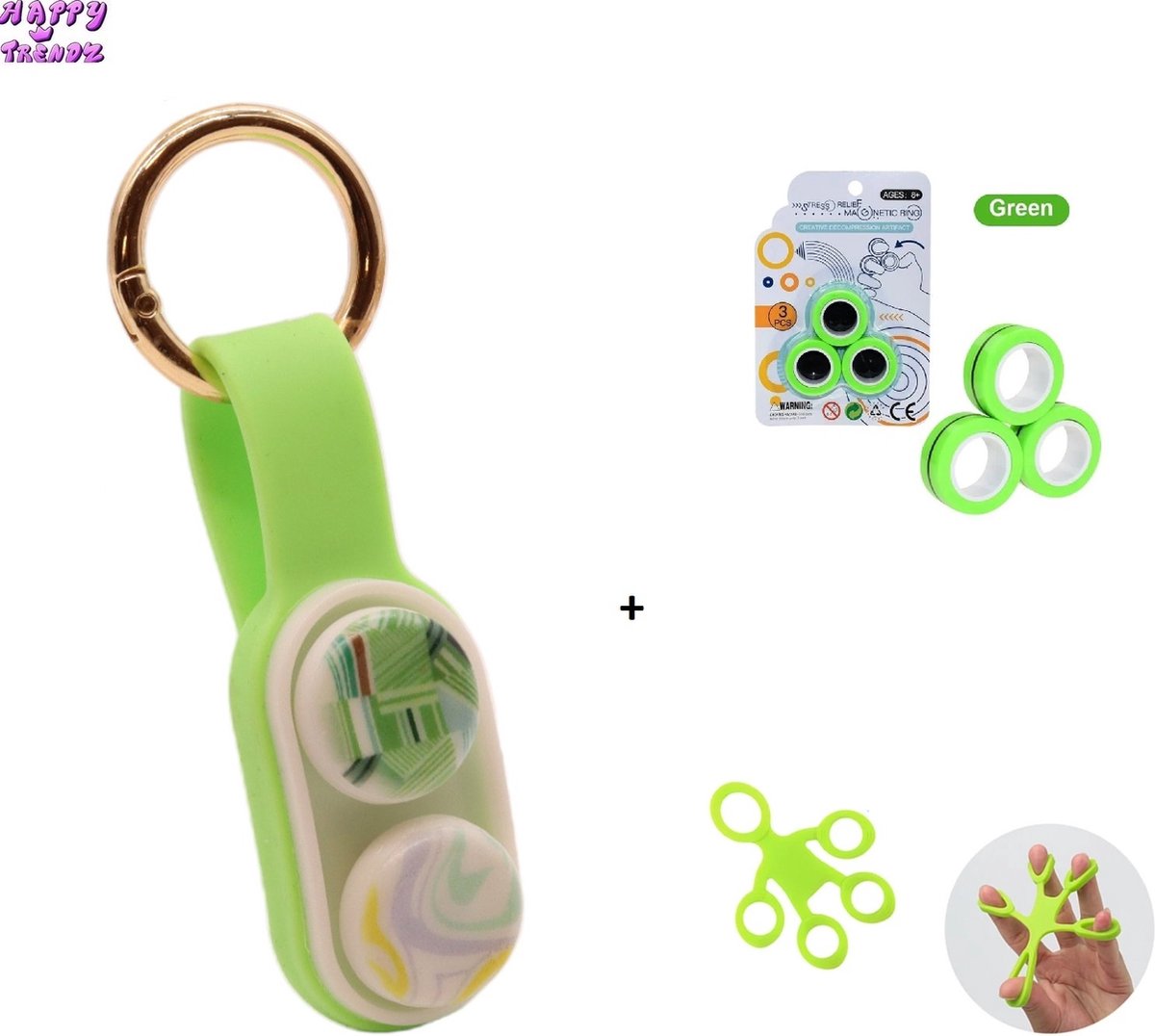 Happy Trendz® Set of 3 - Magnetisch duimspeeltje - Trick magneet Duimspelen Groen - Magneet Ring magnetic Ring Groen - TikTok Fingerstretch Groen - Cadeau Gift Pakket - Hype - 2023 - Green 3 in 1 pakket
