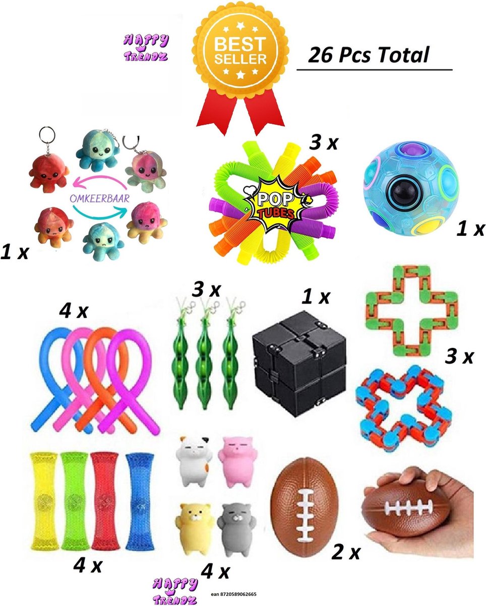 Happy Trendz®  fidget toys pakket - 26 Toys Set - Fidget Cube - Fidget Pop It - mesh marble - Noodle - Squishy - Bean Boon -  Best Seller Box