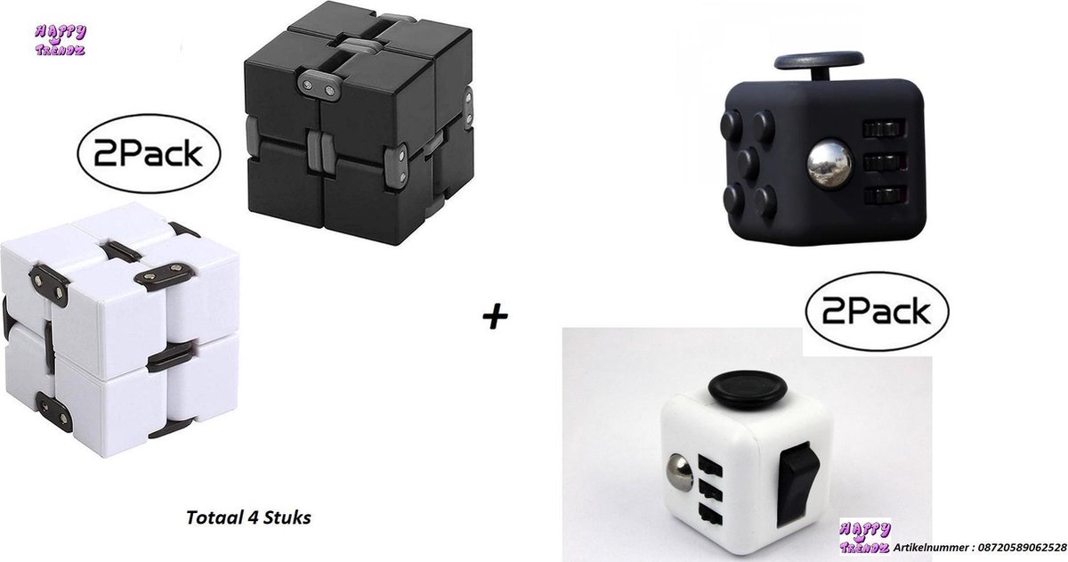 Happy trendz® Fidget Toys Pakket 4-Delig  Black & White Edition  Pakket // Top Fidgets Pakket / 2 x Fidget Infinity Cube / 2x Fidget Cube - Zwart - Wit  - tik tok -Toppers