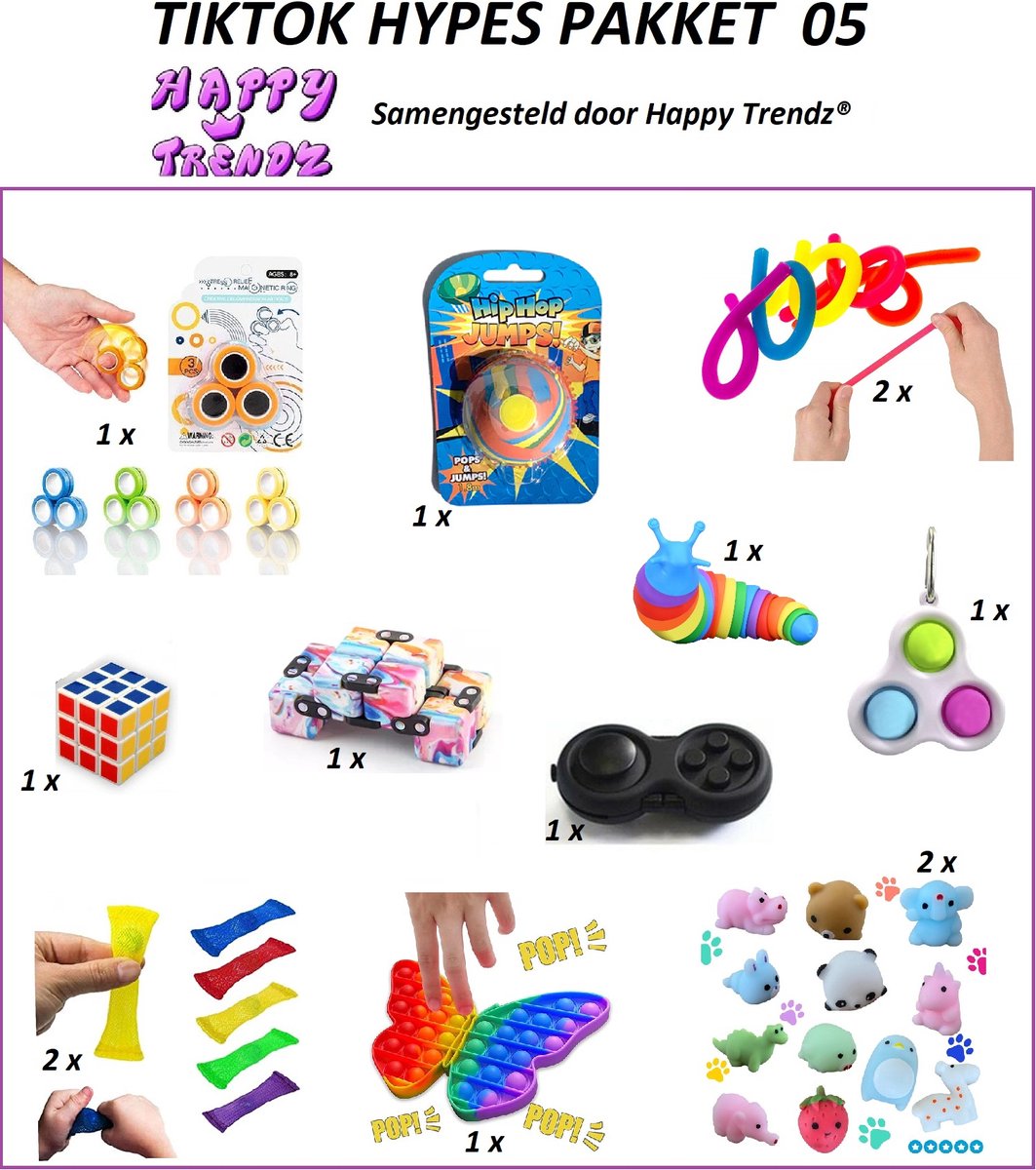 TikTok Hypes PAKKET 05 - Happy Trendz® Pakket 14 Delig - Super Gadgets bekend - Magnetische Fidget - Moochies Squishy - Triple Simple Dimple - Simple - Mesh Marble -Slug Snail Slak Fidget 20 cm groot - Fidget Pad -  Infinity Cube - Magic Cube