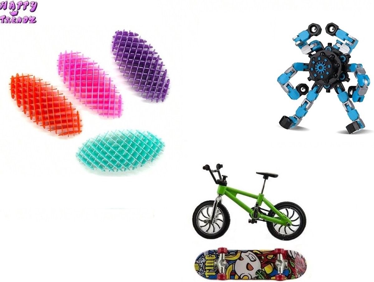 Happy Trendz® 3 set fingertoys set - Worm Fidget Toy Ontspanningsknijp, Morphing Ontspanningsspeelgoed, Bmx Skateboard fingerboard - Wacky Track Spinner - Ontspanningsartefact, Creatief Speelgoed/ 2024 Nieuw Sensory Toy