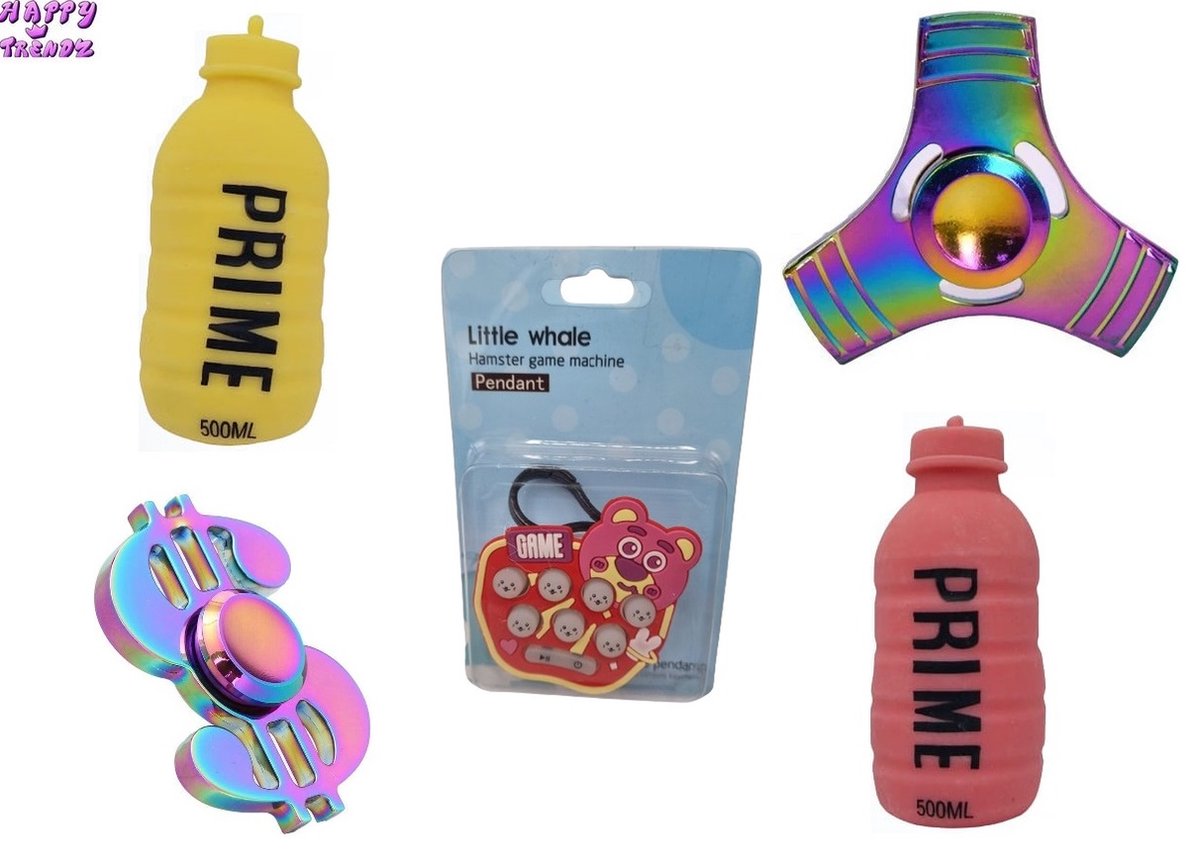 Happy Trendz® 5 x Top Fidget Toys - Rainbow in Deluxe Box - Whack a Mole hamster spel - Fidget Toys - Metaal - Anti Stress - Glow in the dark - Squishy Foam - Fidget Pad - Hand Spinner - Fingertop fidget spinner - Regenboog