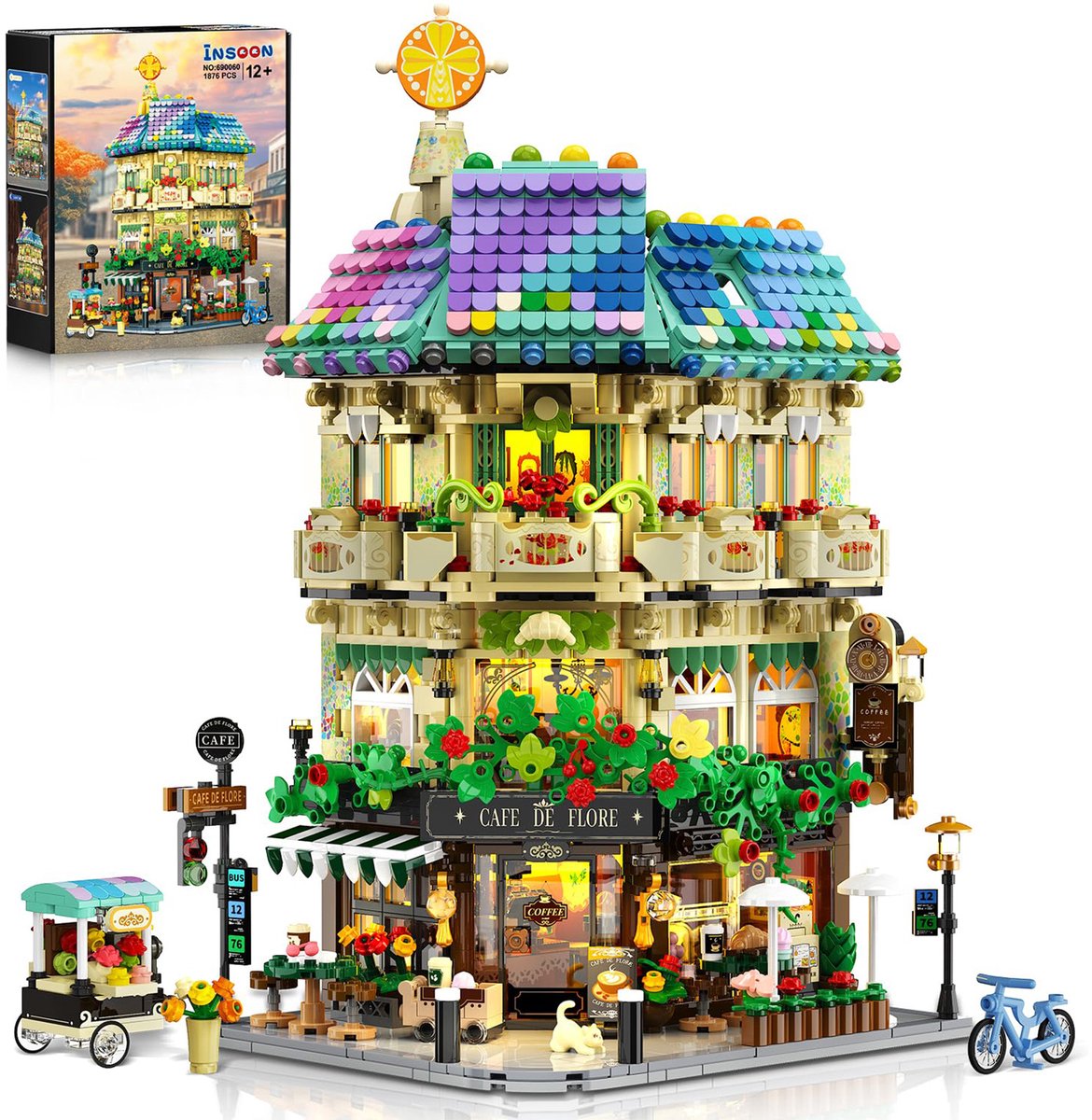 Flower Cafe House Bouwpakket - Licht - 1876 PCS City Street Corner Shop - Woondecoratie Bouwsets - Bouwpakketten Volwassenen Tieners 12+