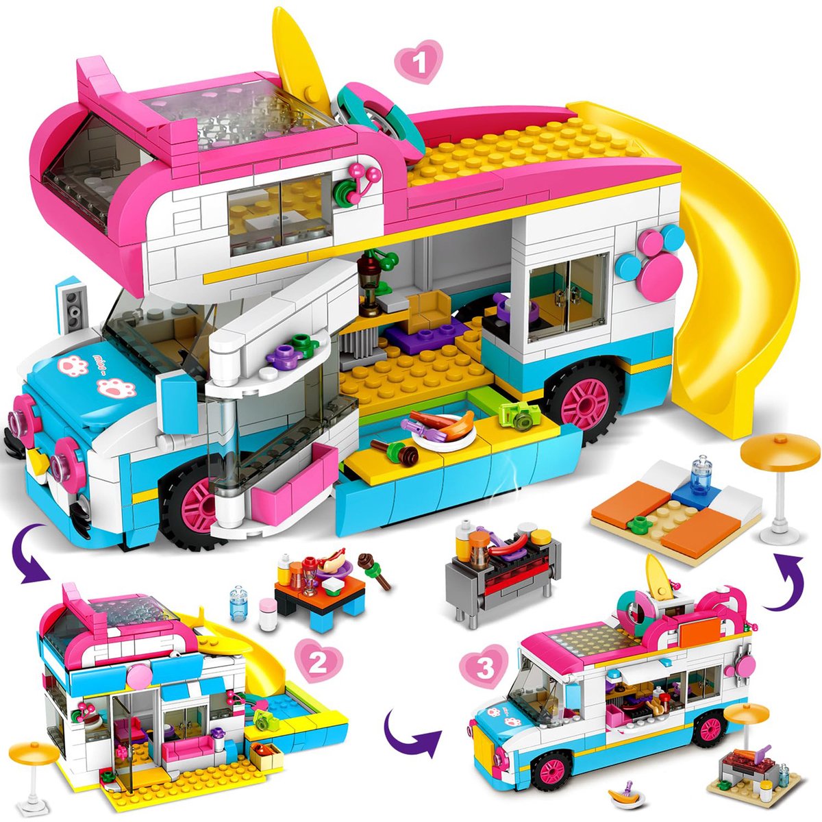 HOGOKIDS 3-in-1 Campervan Bouwpakket - 494 Delen - Roze Strandcamper met Foodtruck & Schuifstickers - Creatief Bouwspeelgoed voor Meisjes Kinderen vanaf 6 Jaar