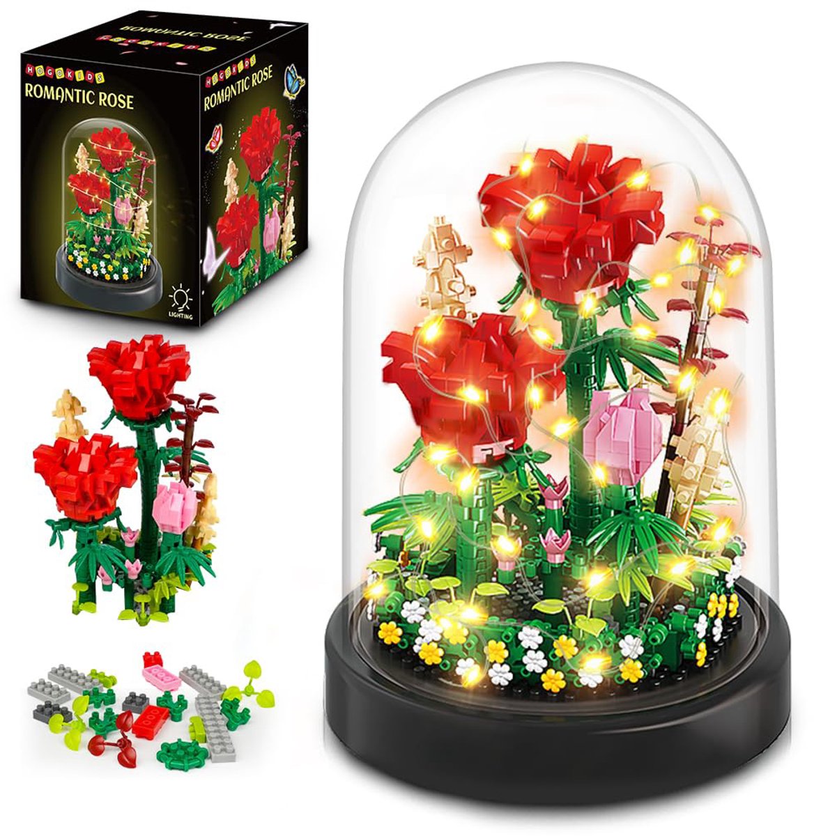 HOGOKIDS Bloemboeket rode rozen Bouwstenen – LED verlichting Bouw Speelgoed - 596 stuks Bonsai Boom met Deksel Botanische Bouwpakket Mini Bouwpakketten Volwassen Vriendin Vrouw