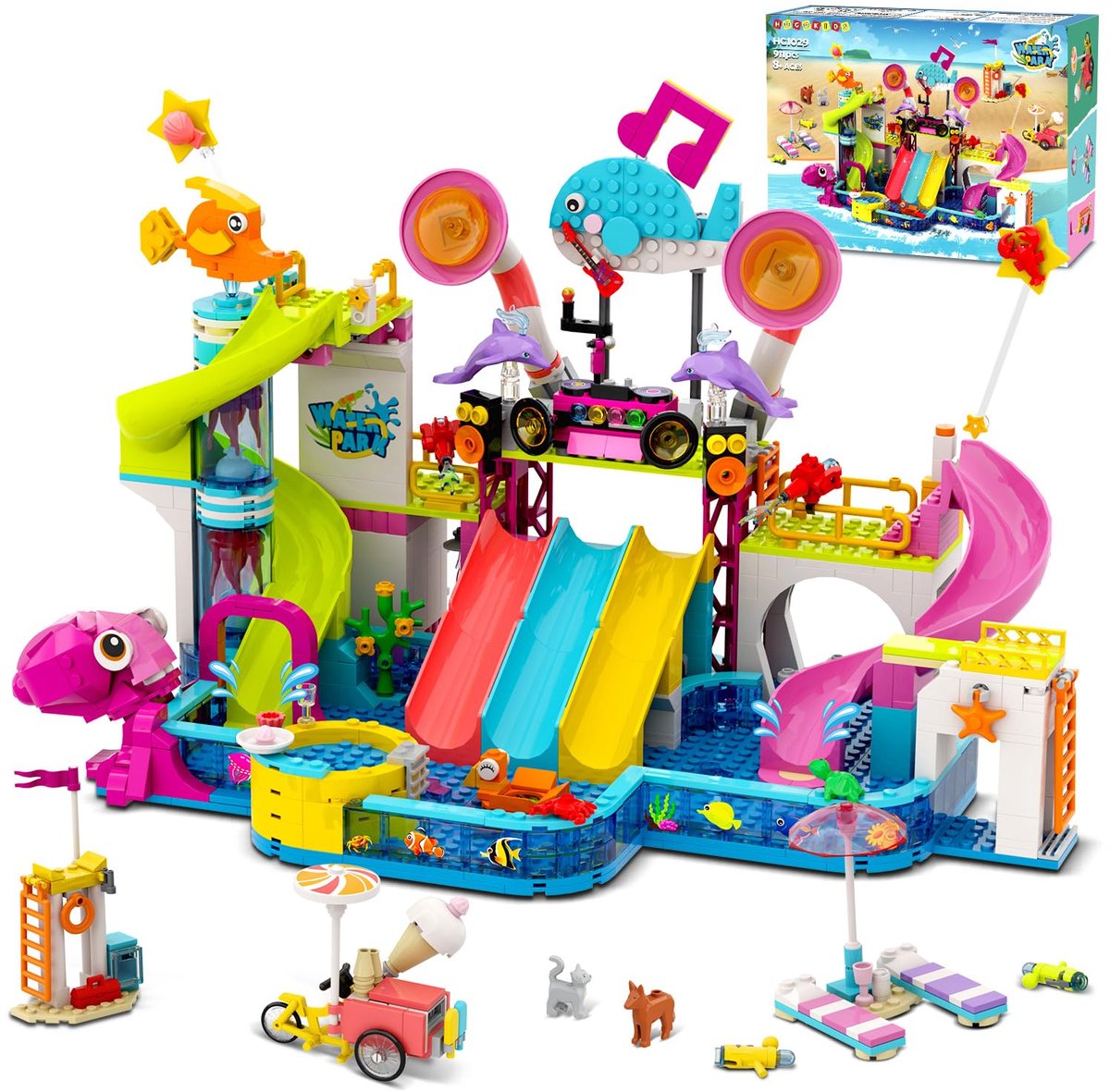 HOGOKIDS Waterpark Bouwpakket - 911 Delen - Met Echte Waterpomp & Glijbanen - Bouwsets Speelgoed voor Buiten voor Kinderen 8-12 Jaar