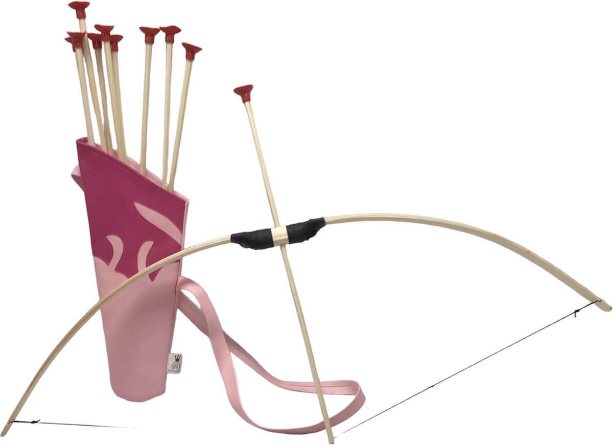 Houten PIJL EN BOOG Blank 100cm. Uitrusting met rug koker roze voor pijlen ( 10 pijlen )