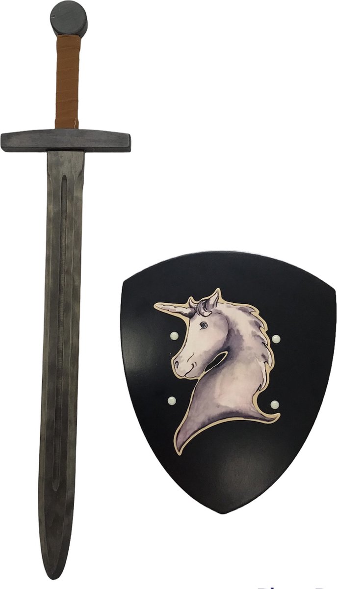 Houten Zwarte Ridder zwaard met ridderschild eenhoorn zwart unicorn