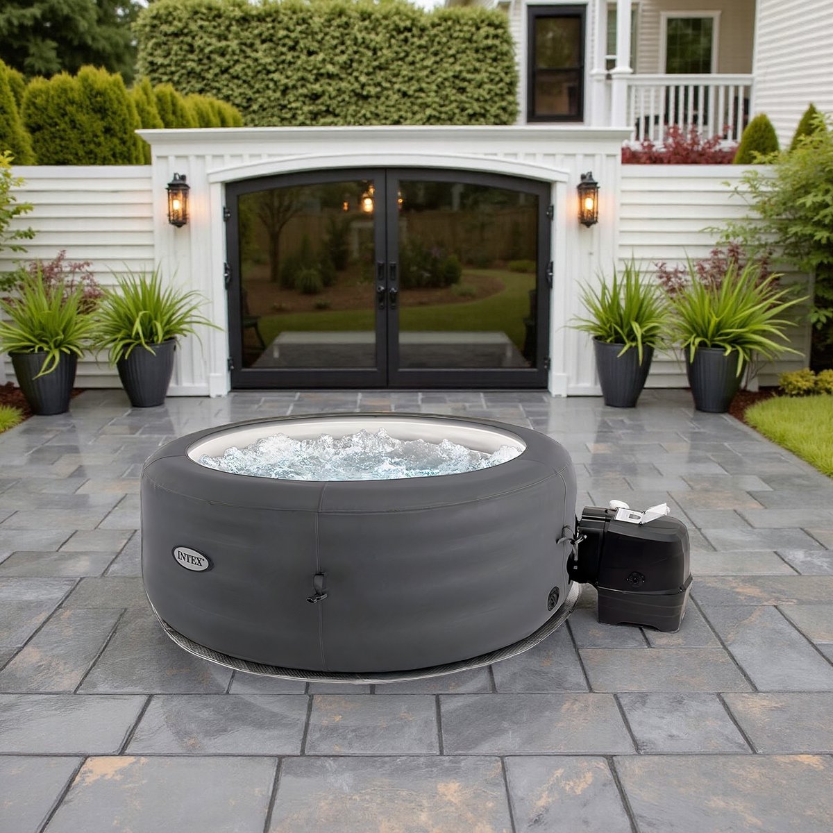 Luxe Opblaasbare Jacuzzi 4 Persoons – Rond Bubbelbad 196x66cm – 100 Massage Jets – Verwarming tot 40°C – 795L – Inclusief Filterpomp, Afdekhoes & Accessoires – Grijs Hometotry