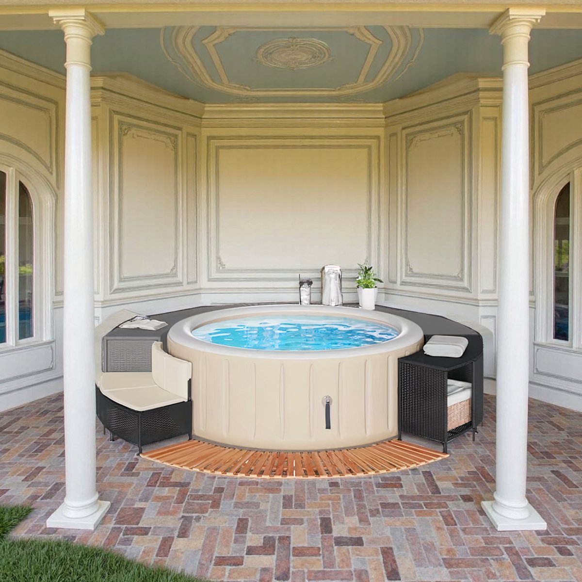 Luxe Whirlpool Badkuip Surround – Acaciahout & Weerbestendig Poly Rattan – Inclusief Opbergruimte, Bank & Trap – Geschikt voor Jacuzzi & Spa Buiten – Zwart – Hometotry
