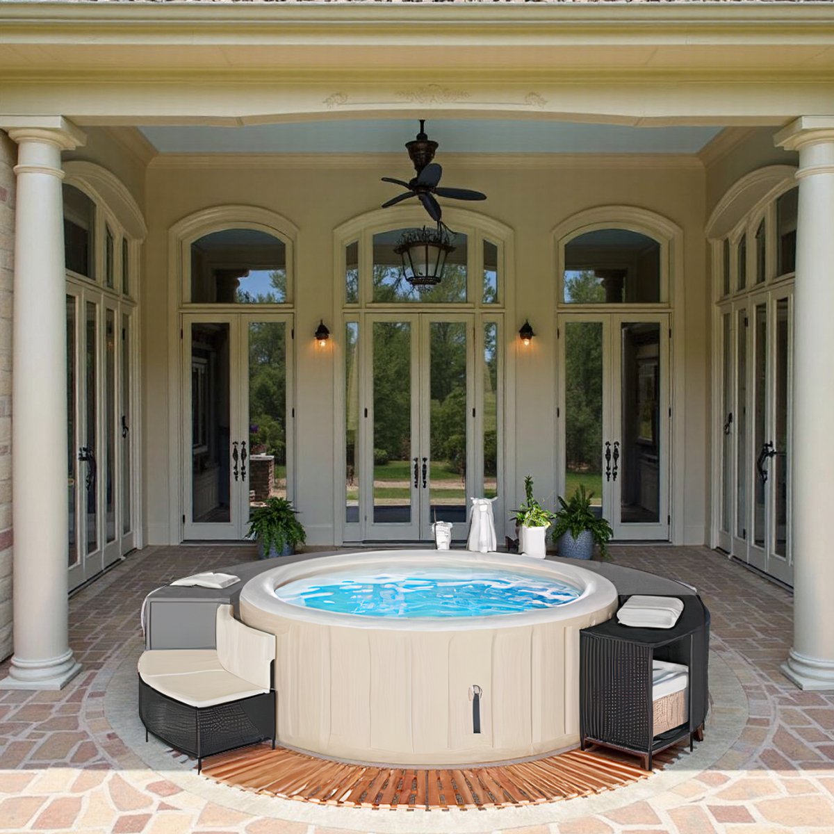 Opblaasbare Spa Bubbelbad 4 Personen – Luxe Rattan Design met Verwarming 42°C, 110 Jets, Thermische Afdekking & Bodem – Tuin Jacuzzi Whirlpool – Hometotry