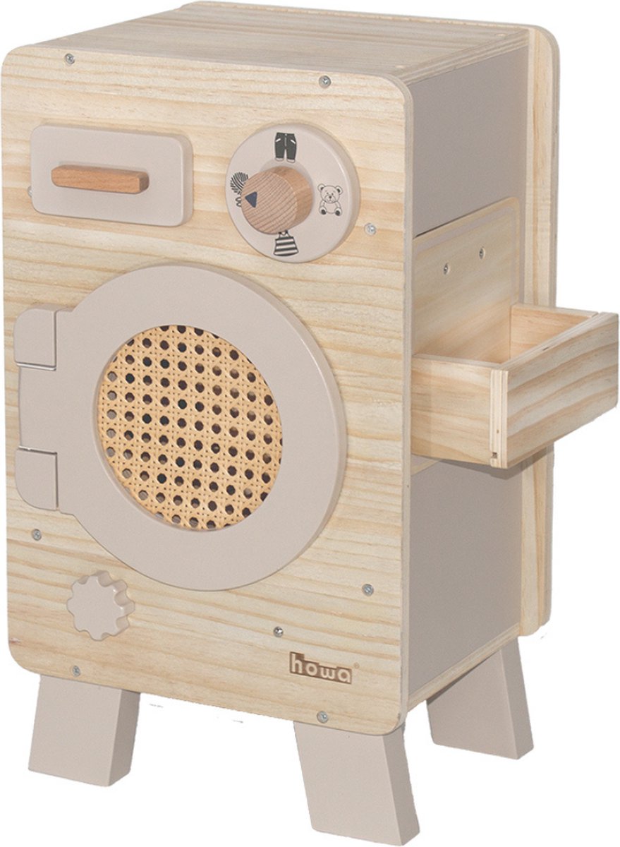 Howa Houten Kinderwasmachine - Speelgoedwasmachine van Hout met Roterende Trommel, Naturel – Beige 48261