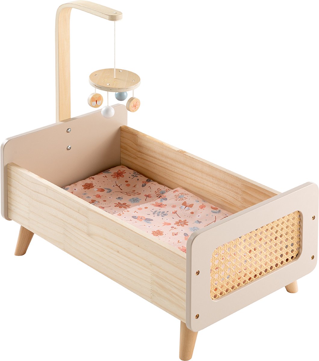   Houten Poppenbedje “miniflowers” ​​met Mobiel inclusief Beddengoed 2160
